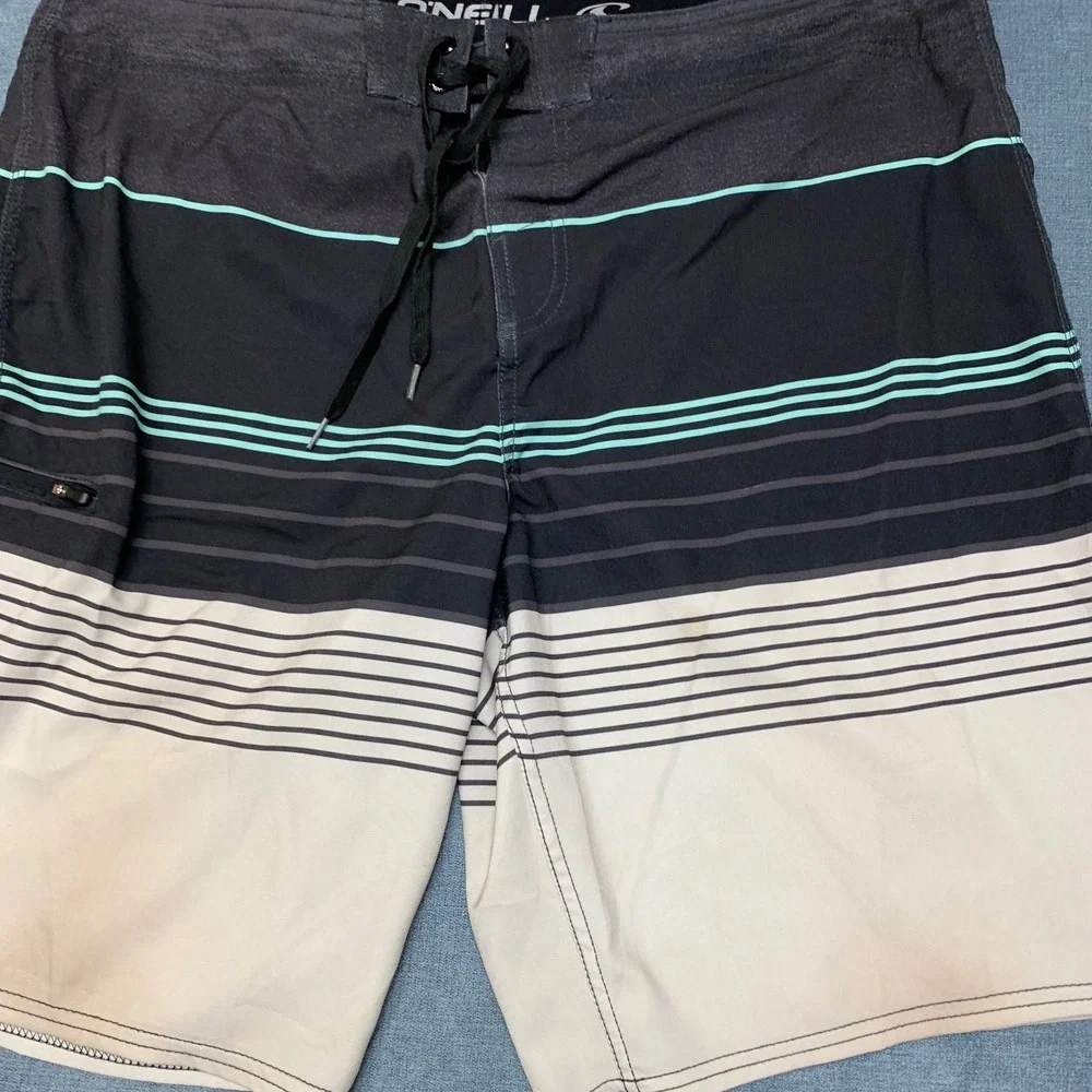 O'Neill Board Shorts Mens 38 Multicolor Logo Straight Leg Striped Summer Beach